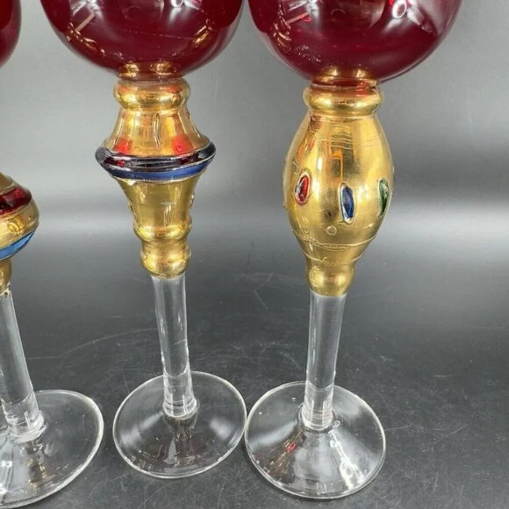 Bombay Company Romanov Ruby Gold Long Stem Cordial Glasses Cadmium UV Glow Set 3